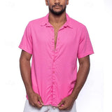Wiaofellas  -  Solid Color Pink Shirts For Men Summer Fashion Loose Cotton Linen Shirt Mens Clothes Casual Button-up Lapel Short-sleeved Tops
