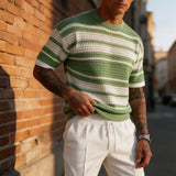 Wiaofellas  -  Summer Casual Knit T Shirt Mens Fashionable Striped Loose Crew Collar Pullover Vintage Short Sleeve Hollow Out Knitted T-shirts