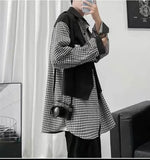 WIAOFELLAS  -  Fake Two-piece Plaid Spliced   long-sleeved Shirt Loose Design Men's Casual Hong Kong Style Jacket Spring and Autumn New Style