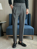 Wiaofellas  -  New Men Light Business Suit Trousers, Italian Neapolitan High Waist Button Pleated Straight Formal Pants