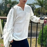 WIAOFELLAS  -  Men T Shirt Solid V Neck Long Sleeve Pockets Men Clothing Streetwear Loose Fashion Casual Male Tee Tops Translucent