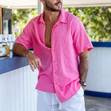 Wiaofellas  -  Solid Color Pink Shirts For Men Summer Fashion Loose Cotton Linen Shirt Mens Clothes Casual Button-up Lapel Short-sleeved Tops