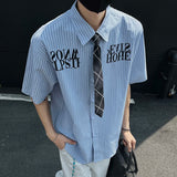 WIAOFELLAS  -  Niche Design Men's Shirts Tie Letter Printing Contrast Color Striped Short Sleeved Single Breasted Loose Male Tops