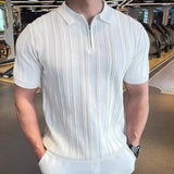 WIAOFELLAS  -  Summer New Men's Solid Color Knitted Jacquard Short Sleeve T-shirt Retro Trend Fashion Casual Simple Slim Men's Tops
