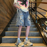 WIAOFELLAS  -  Mens Denim Shorts Ripped Trendy Y2k Lightning Pattern Shorts High Street American Style Versatile Retro Shorts Thin Summer