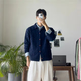 Wiaofellas  -  Winter Men's Korean Fashion Button-up Cardigan Casual Streetwear Cable Knitted Sweaters Y2K Vintage Turn-Down Collar Knitwear