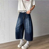 WIAOFELLAS  -  Fashion Men's Irregular Patchwork Design Wash Denim Cropped Pants Trendy Summer High-waisted Wide Leg Jeans Male