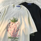 WIAOFELLAS  -  Fashionable Cotton Short Sleeve T-Shirt Couple Casual Loose Fit Summer Ins Casual Top For Men And Women Korean Style With Strawb