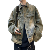 Wiaofellas - American Retro Distressed Shoulder Pad Denim Jacket Spring Autumn Men's Causal Loose Handsome Workwear Jackets Top Male Clothes