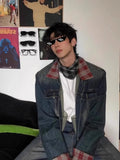 WIAOFELLAS  -  Retro American Design Spring Plaid Patchwork Distred Denim Jaet Men Loose Cool Couple Outerwear Long Sve Button up