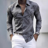 Wiaofellas  -  Men's Tropical Palm Print Long Sleeve Shirt Turn-Down Collar Slim Fit 4-Way Stretch Luxury Dress Shirt Casual Streetwear Tops