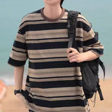 Wiaofellas  -  Fashion Loose Men's Pullover Male Striped Printed Oversize Shirts Men Clothing New Summer Crew Neck Short Sleeve Tees Top