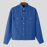 WIAOFELLAS  -  Men Shirt Solid Color Stand Collar Long Sleeve Button Men Clothing Streetwear Fashion Loose Casual Tops Male Shirts