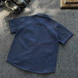 Wiaofellas  -  Summer Vintage Japanese Style Pocket Splicing Denim Short Sleeve Loose Washed Five Sleeve Workwear Shirt Trendy Unisex Casual