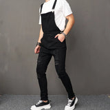 Wiaofellas   -  Stylish Men Streetwear Solid Ripped Slim Bib Overalls Jumpsuits jeans Male Distressed Holes Casual Strap Denim Pants