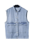 Wiaofellas  -  Retro Washed Denim Vest Jacket Loose Unisex Sleeveless Autumn Versatile Couple's Shoulder Pad Jacket Youth Casual Style