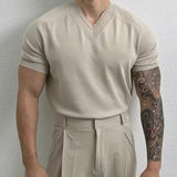 Wiaofellas  -  Men's Clothing Light Luxury Knit V Neck Short-sleeved T Shirt Solid Color Leisure Korean Popular Streetwear Retro Knitwear M-3XL