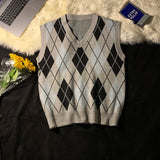 WIAOFELLAS  -  Spring Autumn Diamond Grid Candle Knitted Vest Men Women Loose Pullover Retro Outer Sleeveless Sweater Vest Aesthetic