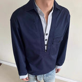 Wiaofellas  -  American Retro Old Money Style Contrasting V-neck Long-sleeved Shirt for Men Spring and Autumn Loose Fake Two-piece Shirt