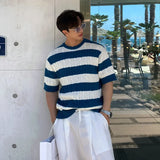 WIAOFELLAS  -  Fashion Men's Striped Contrast Color Knit Loose T-shirts Trendy Short Sleeves O-neck Casual Tops Male 2025 Summer 2A0917