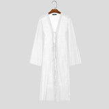 Wiaofellas  -  Men T Shirt Striped Long Sleeve Mesh See Through Man Cardigan Long Style T-shirts Streetwear Lace Up Fashion Men Clothes