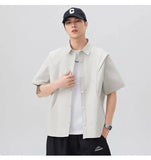 WIAOFELLAS  -  Men's Summer Solid Color Short-Sleeve Shirt - Relaxed Drop-Shoulder Casual Top, Textured Design for Smart-Casual Wear