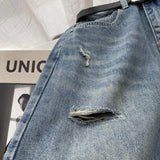 WIAOFELLAS  -  2025 New Men's Summer Solid Color Thin Shorts Male High Street Loose Denim Shorts Men Ripped Holes Straight Short Pants P895