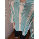 WIAOFELLAS  -  Shirts for Men Summer Americian Retro Style High-end Designed Niche Blue and White Contrast Knitted Hollow Short-sleeved Shirt