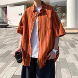 Wiaofellas  -  Summer Stripe Short Sleeve Shirt Men's Ice Silk Loose Trendy Design