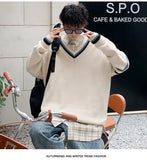 WIAOFELLAS  -  Autumn Winter New Men's Korean Loose Knitted V-neck Casual Sweater Outdoor Fashion Trend Comfortable Breathable Hoodie