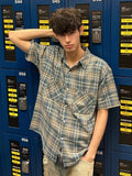 Wiaofellas  -  Blue Plaid Short Sleeve Shirt Men's Summer Cleanfit Half Sleeve Top Cool Handsome Five Sleeve Shirt Loose Fit Moisture Wicking
