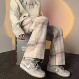 WIAOFELLAS  -  Men Women Woolen Straight Leg Casual Pants Autumn Winter Plaid Wide Leg Trousers High Street Brand Fashionable Trousers