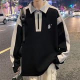 WIAOFELLAS  -  Spring and Autumn Fashion Trend Half Zip Polo Collar Panel Contrast Color Casual Loose Fit Student Versatile Simple Sweater
