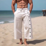 Wiaofellas  -  Men Casual Solid Color Cotton Linen Multi-Button Beach Pant Fashion Mid-Waist Loose Trouser Men Drawstring Pocket Wide-Leg Pants