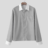 WIAOFELLAS  -  Men Shirt Striped Patchwork Lapel Long Sleeve Pockets Men Clothing Streetwear Loose Fashion Casual Tops Male Shirts