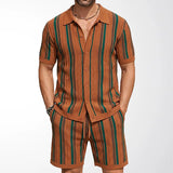 Wiaofellas  -  Men 2 Piece Striped Knitted Shirts Set Summer Casual Short Sleeve Cardigan+Shorts Sets Streetwear Fashion Outfit for Beach Wear