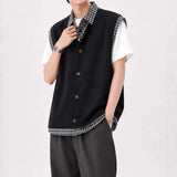 Wiaofellas  -  American Plaid Knitted Shirt Summer Short Sleeve Fake Two-Piece Design Korean Casual Top for Teenagers in Daily Wear