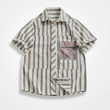 WIAOFELLAS  -  Vintage fashion striped short-sleeved shirt men's top Vintage loom cotton patchwork fabric summer cargo shirt