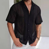 WIAOFELLAS  -  New Chic Men Cardigan Tops Fashion Solid Color Hollow Out Short Sleeve Shirts Holiday Breathable Streetwear High Quality Blouse