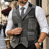 Wiaofellas  -  Vintae Sleeveless Vests Mens Fall Winter Outdoor Patchwork  V Collar Camisoles Daily Casual Contrast Color Tank Tops Men