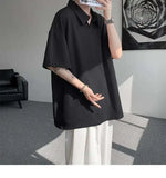 WIAOFELLAS  -  Trendy Summer Men‘s Solid Color Ice Silk Casual T-shirts New Fashion Turn Down Collar Short Sleeve Loose Tops Male