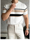 Wiaofellas  -  Contrast Color Slim Mens Short Sleeve Tops Daily Casual Striped Knitted T-shirt Summer Stylish O Neck Knit Pullover