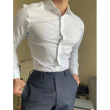 WIAOFELLAS  -  White Neapolitan Long Sve irt Slim Fit Muscle Enhancing Summer Wear for Men Youthful Sle Ice Sensation Thin Fabric
