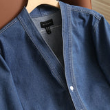 WIAOFELLAS  -  Classic Denim Cardigan Jacket Monk Robe Spring Men's Washed Taoist Robe V-neck Cardigan Coat Unisex Vintage Button Blue Tops