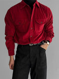 WIAOFELLAS  -  Burgundy thin corduroy shirt men's flip double patch pocket high-end mature long-sleeved red shirt men Autumn clothes