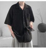 WIAOFELLAS  -  Korean Style Men's Shirts Lapel Hollow Out Knitting Single Breasted Tops Short Sleeved Pocket Loose Male Tops Trend
