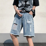 Wiaofellas  -  New Ripped Denim Shorts Men's High Street Straight Leg Fringed Five Quarter Pants