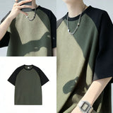 Wiaofellas  -  Men Summer Color Block Knit 2 Piece Set Loose Breathable Short Sleeve Top + Shorts Casual Outfit