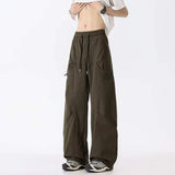 WIAOFELLAS  -  Simple Men's Cargo Pants Zipper Patchwork Elastic Waist Wide Leg Bottom Straight Drawstring Loose Male Trousers 24K4252