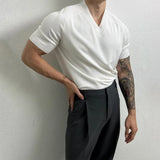 Wiaofellas  -  Summer New Men's Solid Color V-Neck T-Shirt American Retro Fashion Trend Simple Casual Loose Breathable Niche Men's Tops